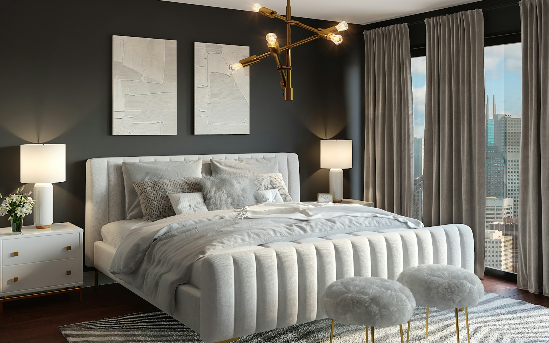 Quarto com texturas naturais e luz suave